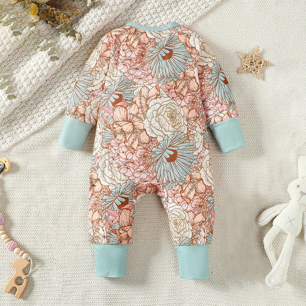 Simple Fashionable Floral All Over Printed Long Sleeve Baby Jumpsuit