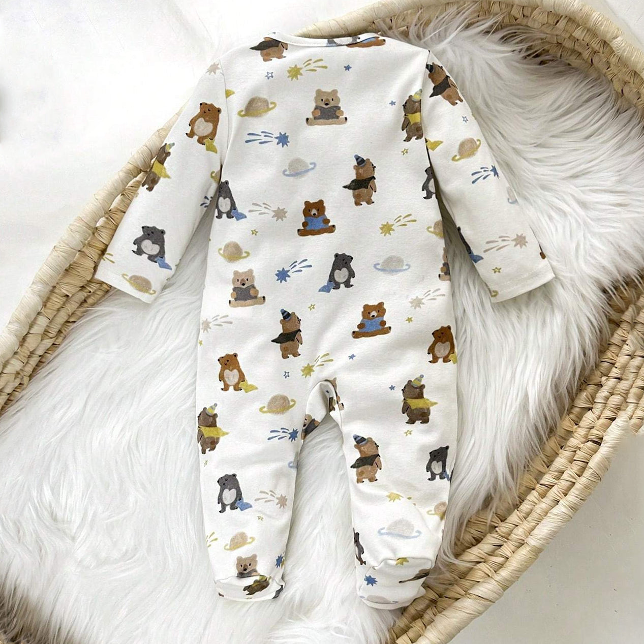 Comfy Bear and Planet Printed Long Sleeve Zipper Baby Jumpsuit