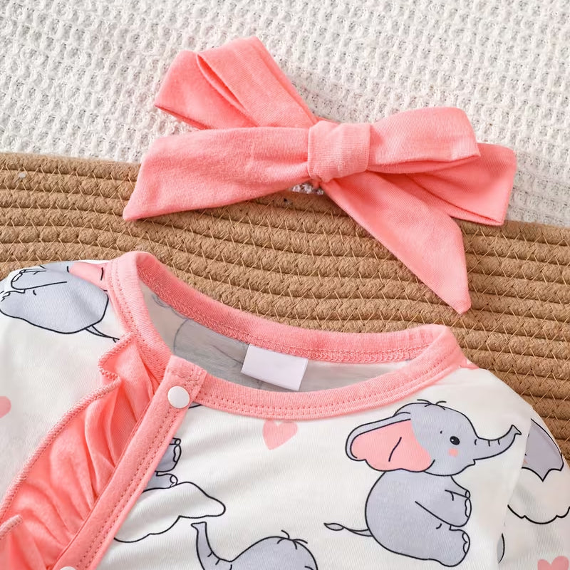 2PCS Elephant Heart Print Long Sleeve Baby Jumpsuit