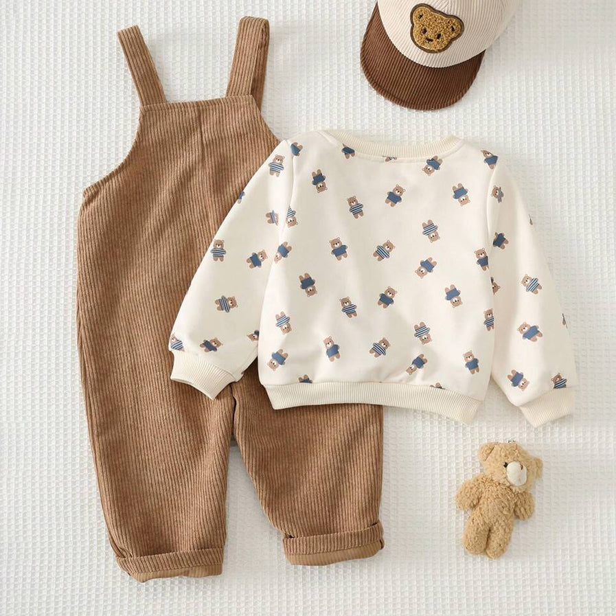 2PCS Adorable Bear Print Long Sleeve Corduroy Baby Overalls Set