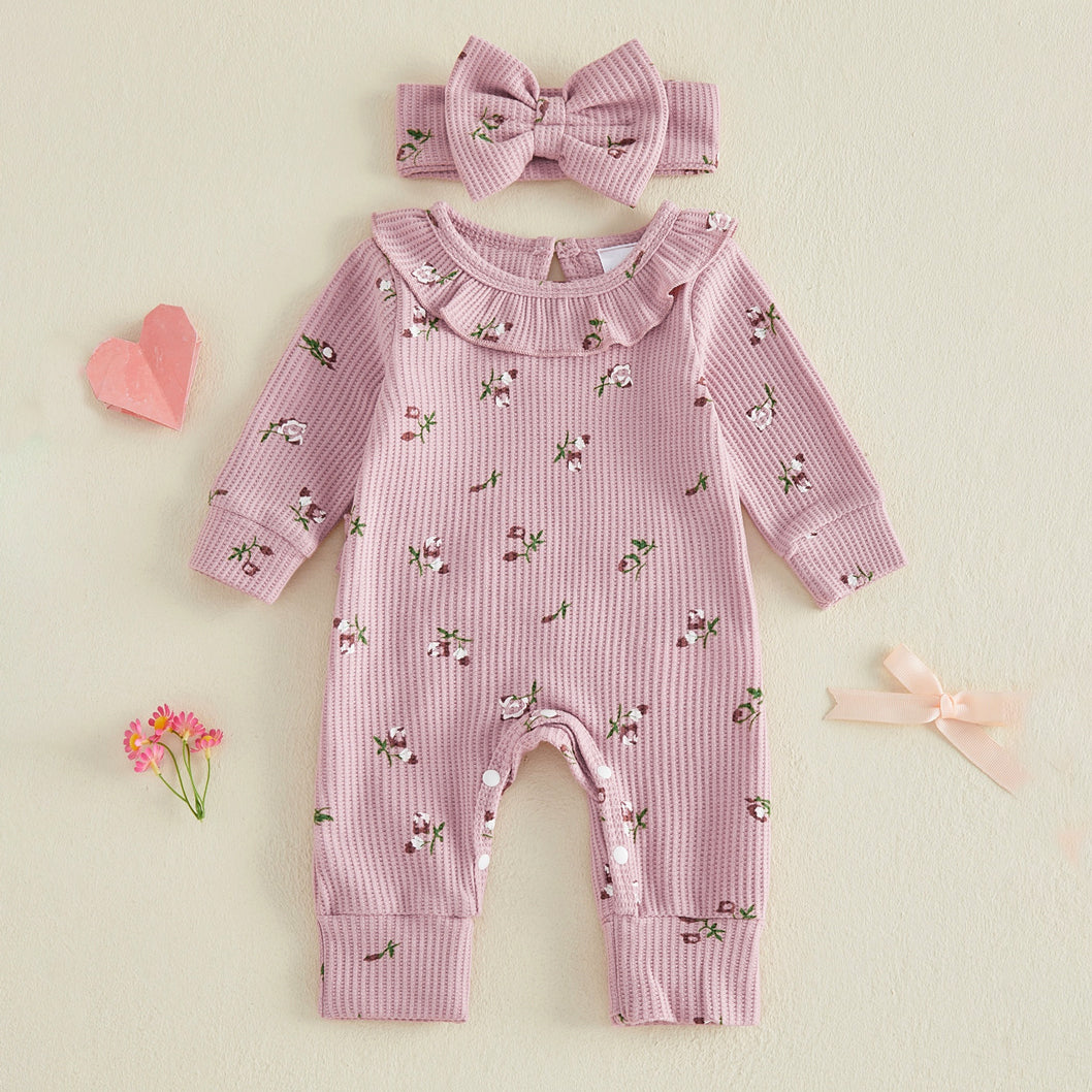2PCS Graceful Floral Print Ruffle Long Sleeve Baby Jumpsuit