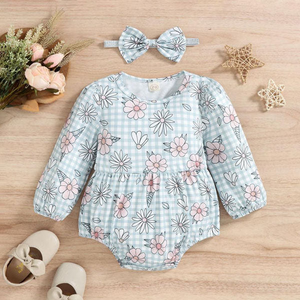 2PCS Plaid Floral Printed Baby Romper
