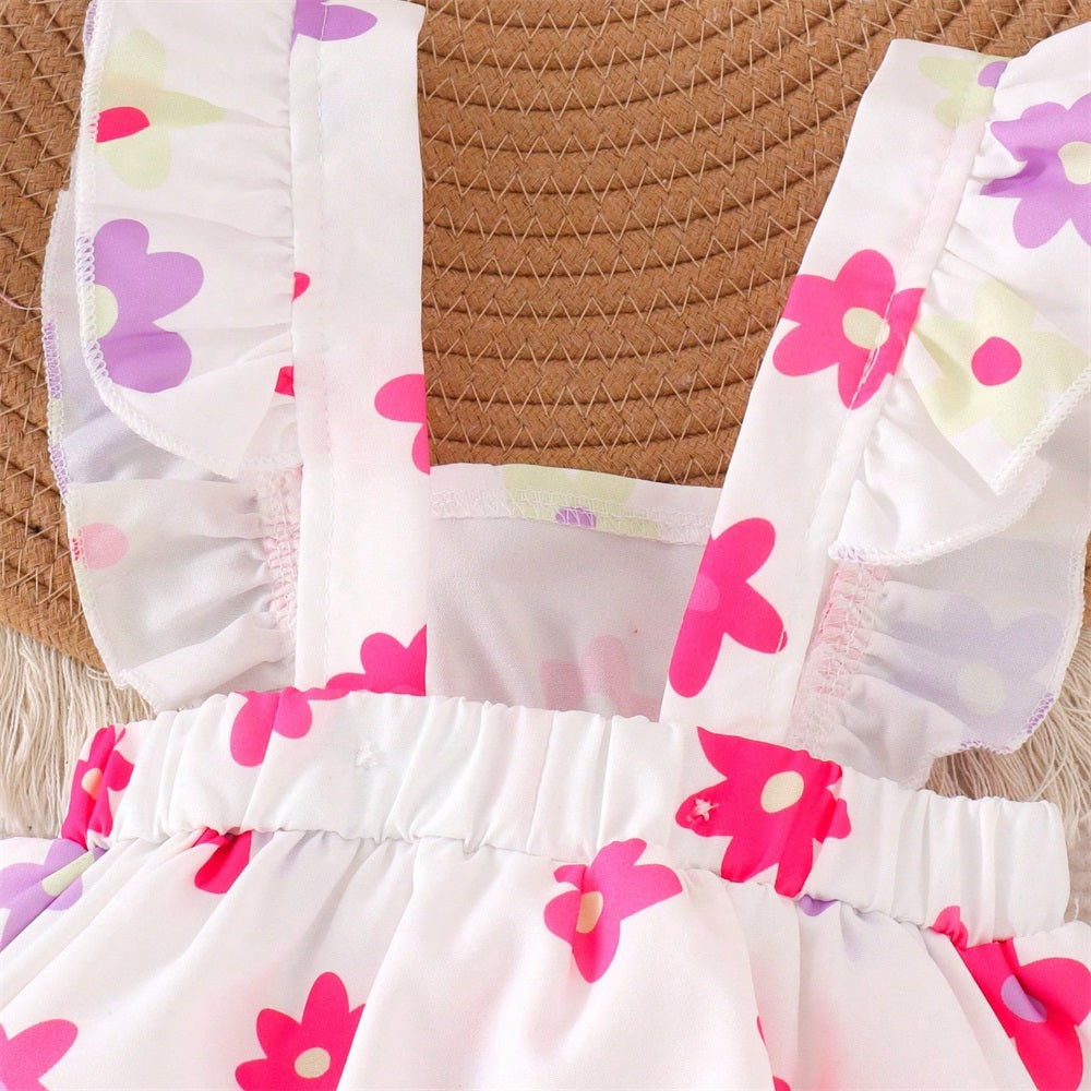 Casual Floral Printed Flounce Sleeve Baby Romper