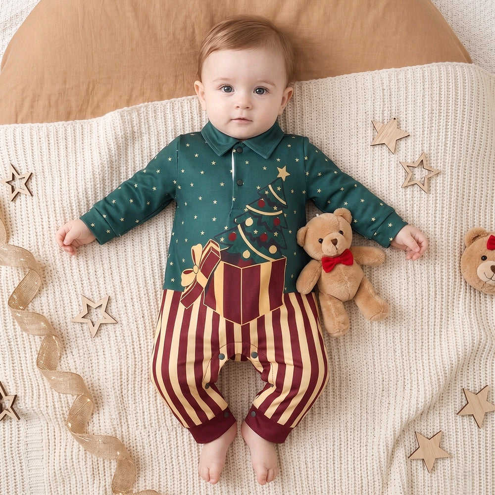 Lovely Tree Stripe Print Long Sleeve Baby Christmas Jumpsuit