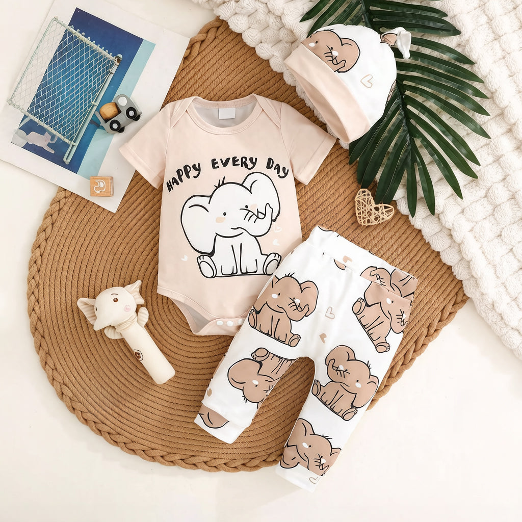 3PCS Happy Every Day Letter Elephant Print Short Sleeve Baby Set