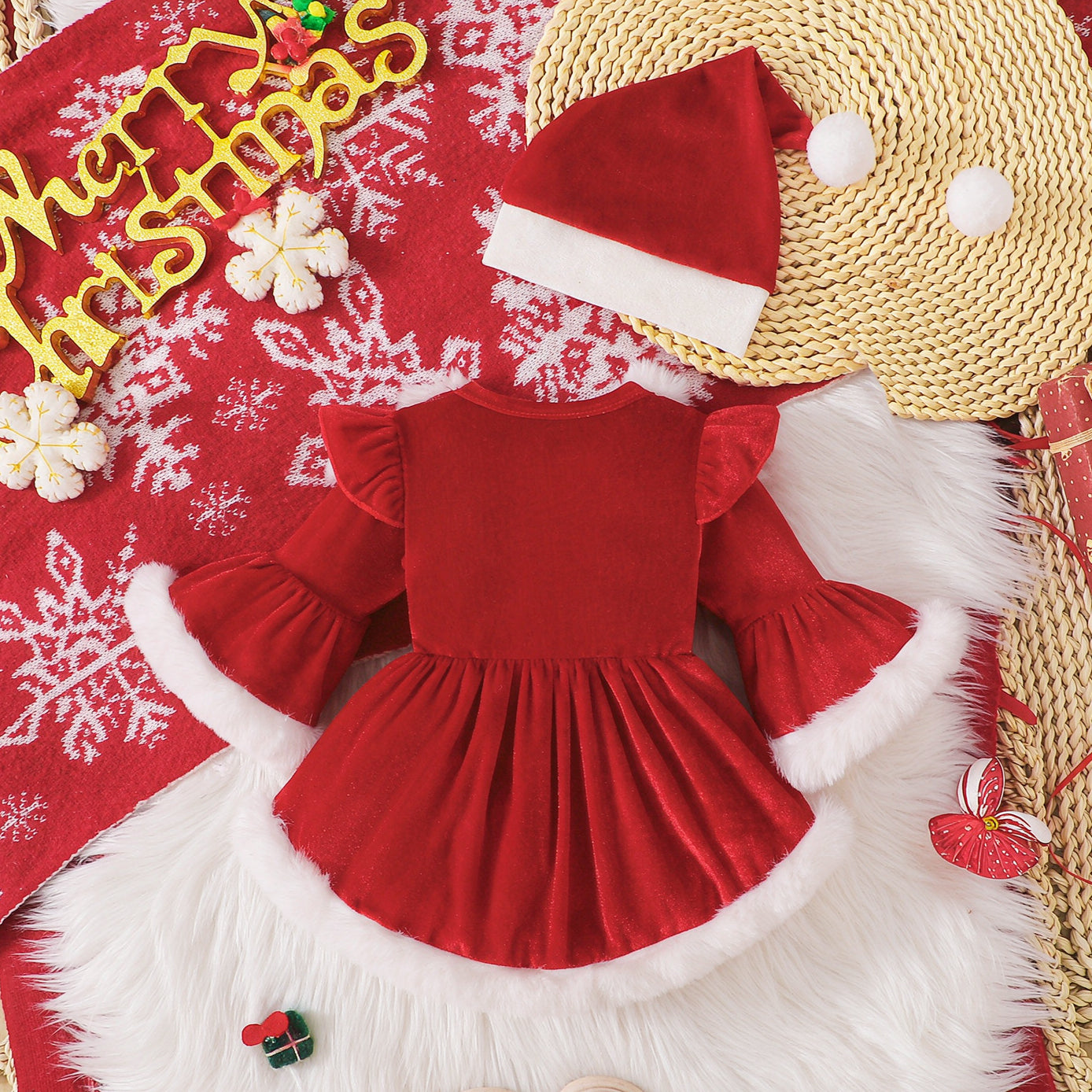2PCS Chic Faux Fur Color Block Christmas Baby Girl Velvet Romper