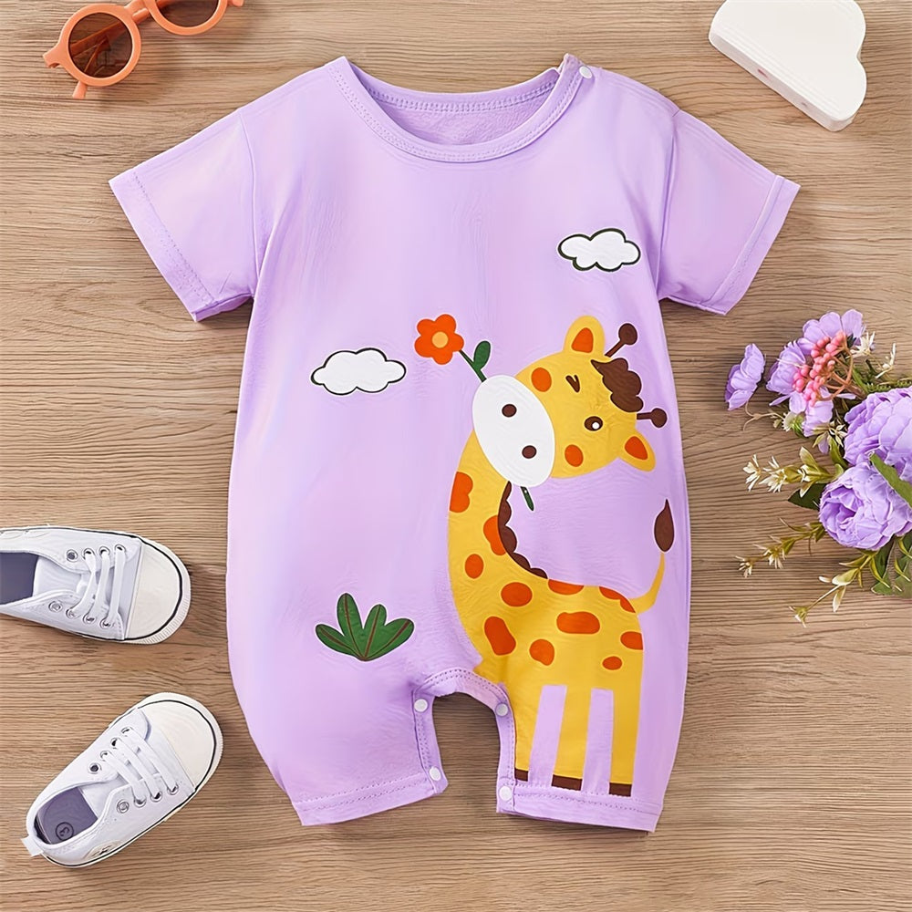 Summer Cartoon Giraffe Printed Short Sleeve Baby Jumpsuit