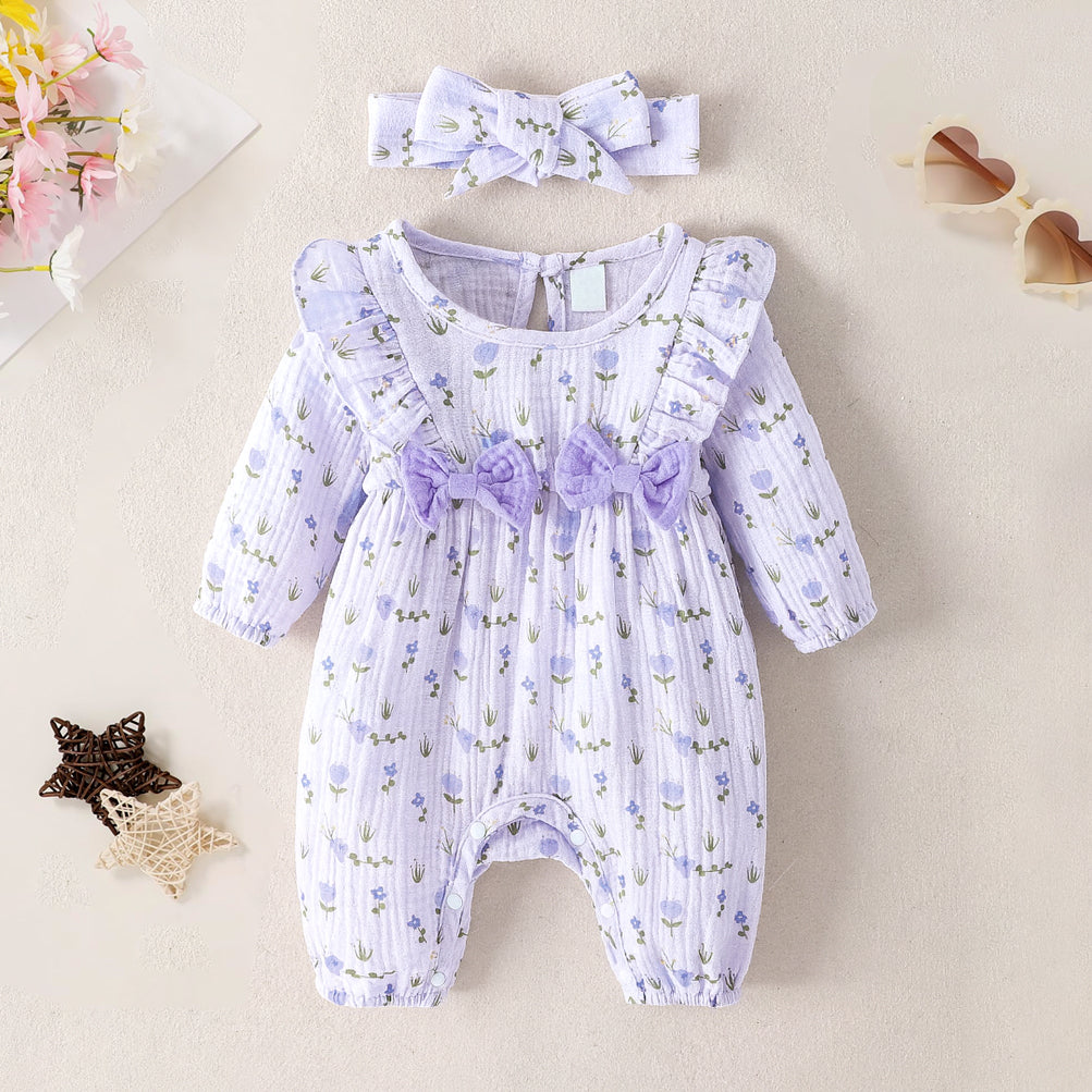 2PCS Delightful Floral Printed Bow Baby Jumpsuit