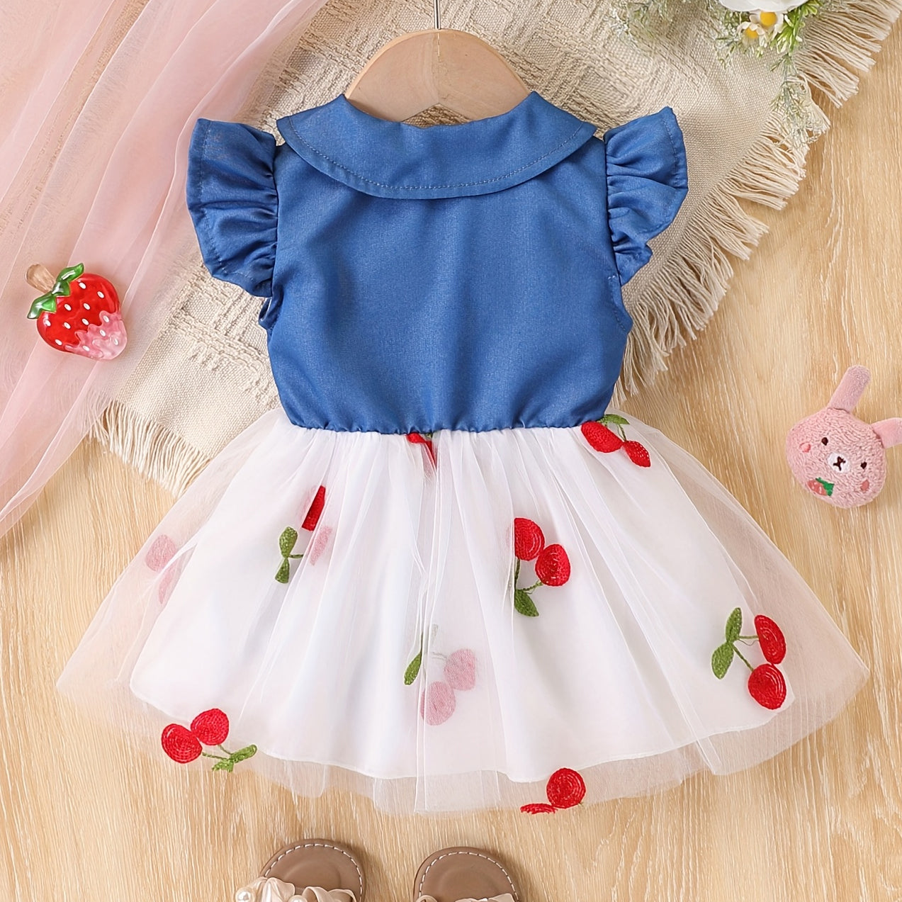 Summer Cherry Print Flounce Sleeve Baby Dress
