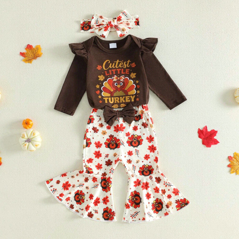 3PCS Cutest Little Turkey Letter Maple Leaves Print Thanksgiving Baby Set