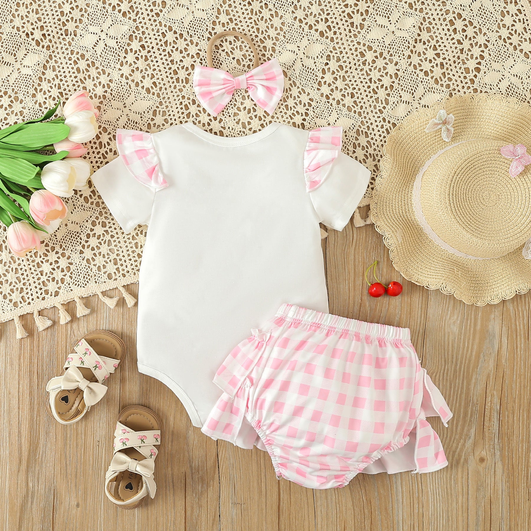 3PCS Daddy's Girl Letter Embroidery Plaid Printed Baby Set