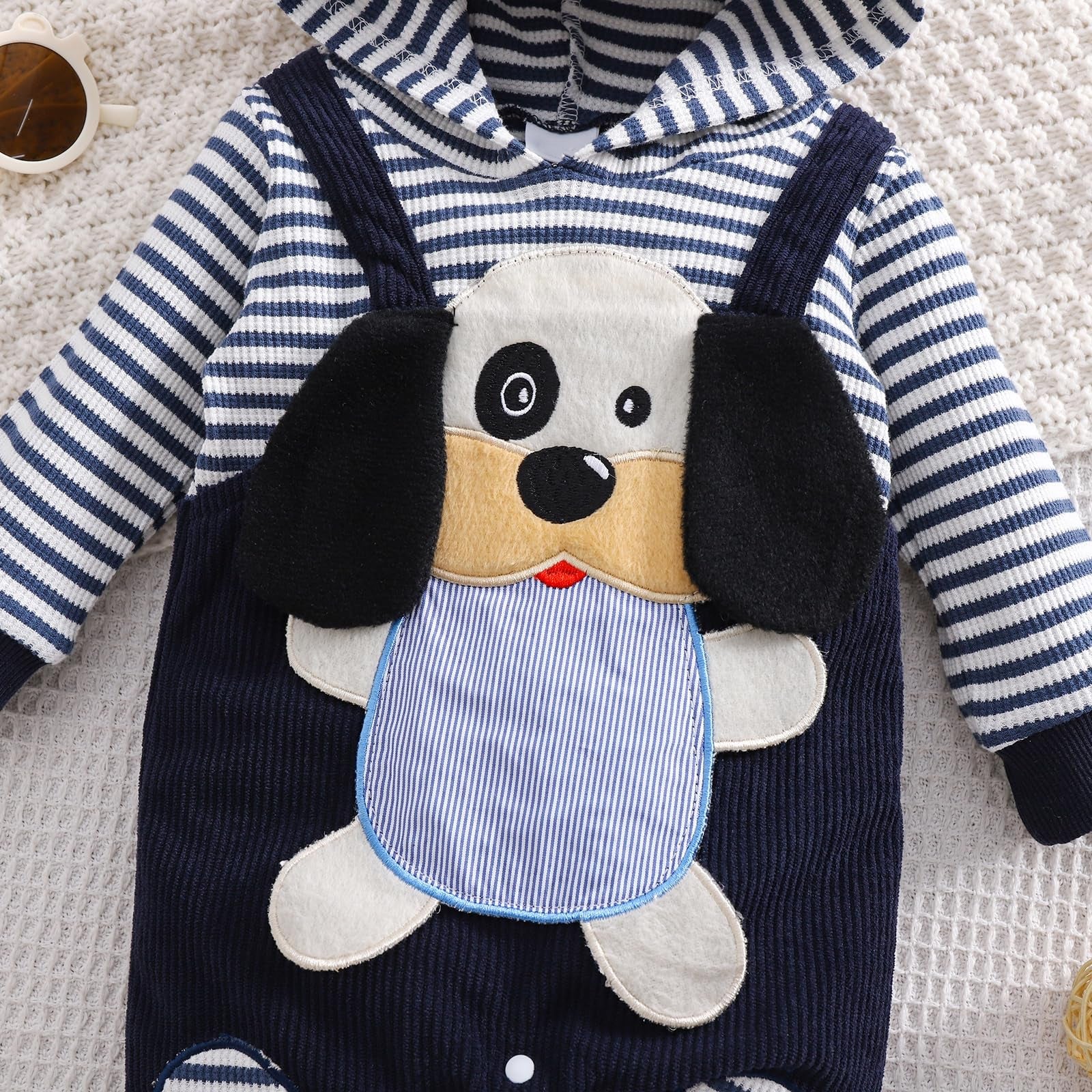 Lovely Dog Stripe Printed Long Sleeve Hooded Baby Jumpsuit