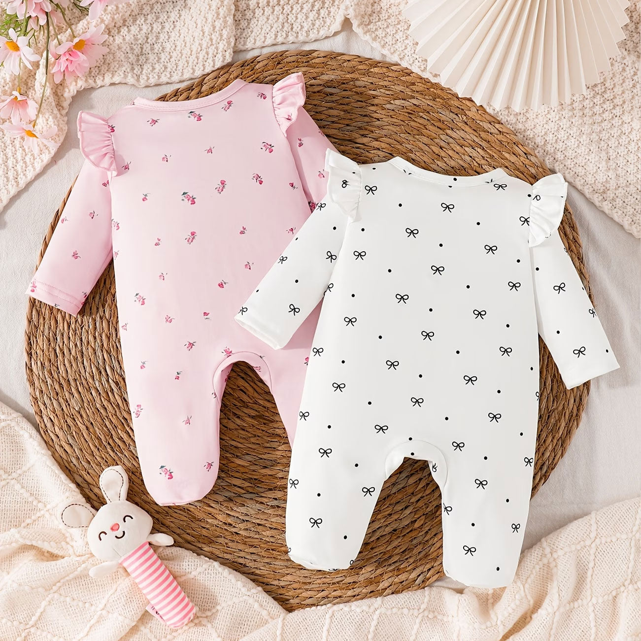 2PCS I Love You Mom Dad Letter Bow Printed Long Sleeve Baby Jumpsuit
