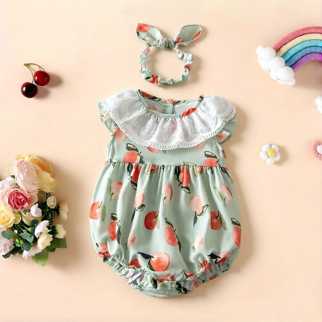 2PCS Cute Peach Print Flutter Sleeve Baby Romper