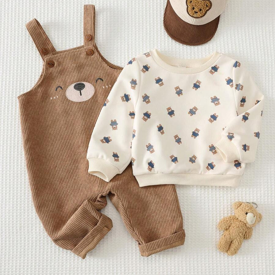 2PCS Adorable Bear Print Long Sleeve Corduroy Baby Overalls Set