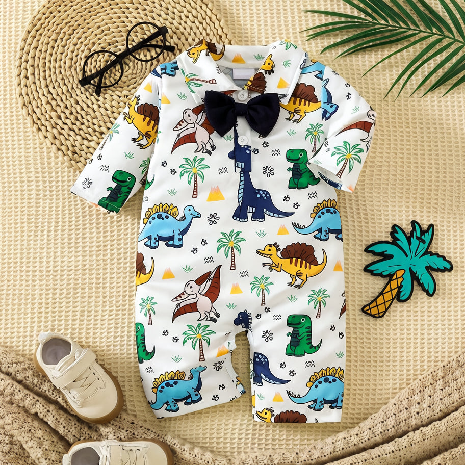 Casual Dinosaur & Tropical Palm Print Long Sleeve Baby Jumpsuit