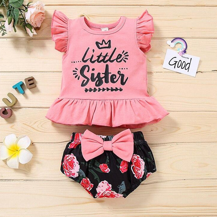 2PCS Little Sister Letter Floral Print Flounce Sleeve Baby Set