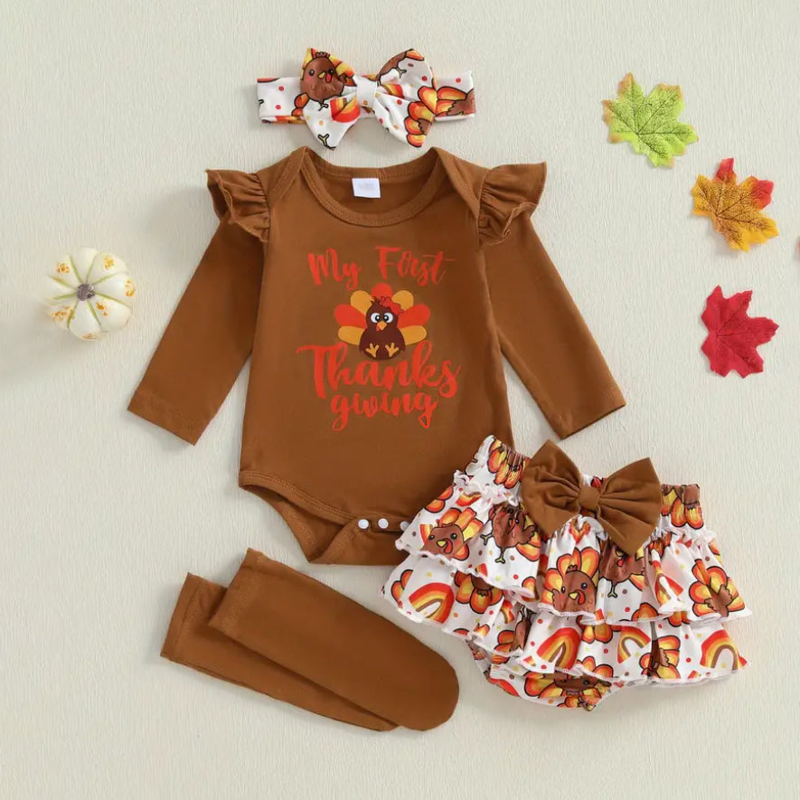 4PCS My First Thanksgiving Letter Turkey Print Long Sleeve Baby Set