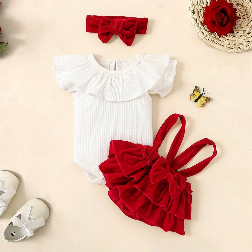 3PCS Pretty Color Blocking Red Velvet Overalls Baby Set