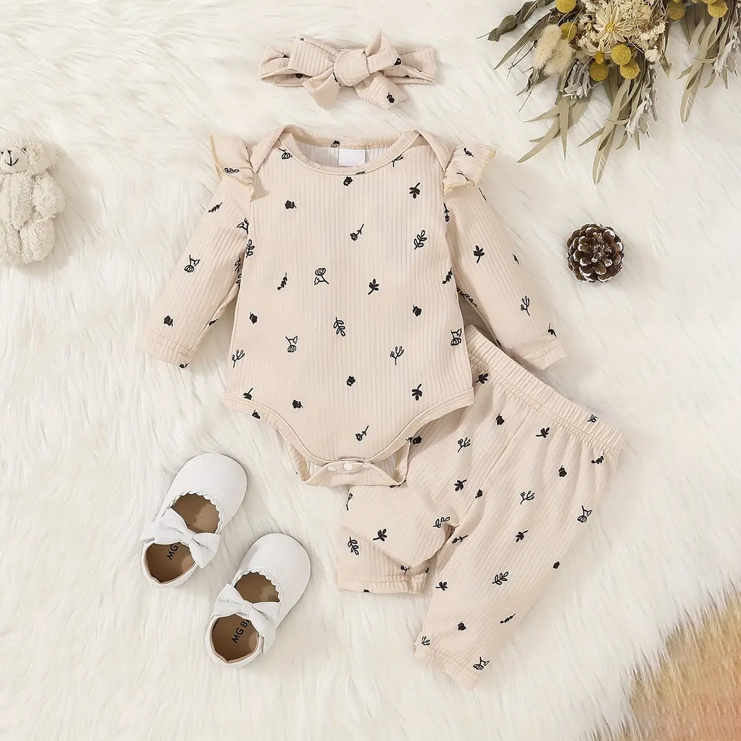 3PCS Lovely Allover Plant Printed Long Sleeve Baby Set