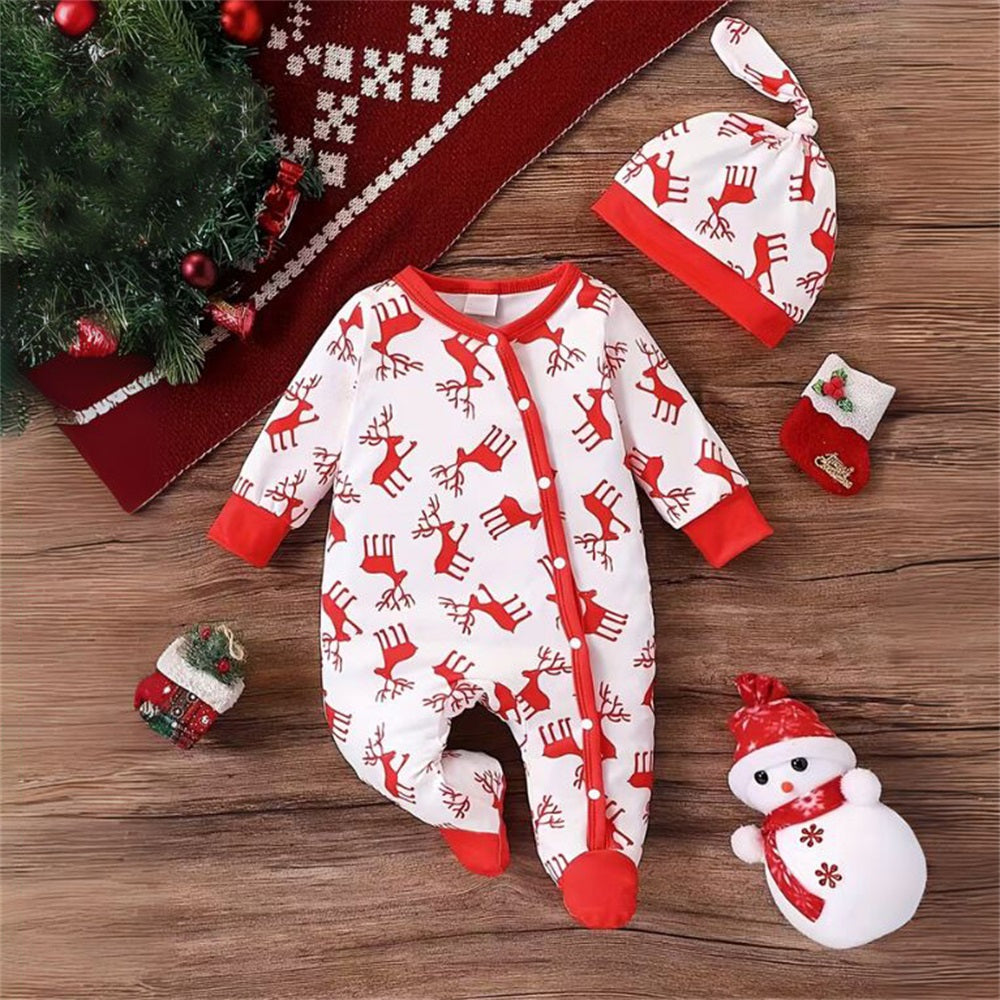 2PCS Christmas Elk Print Long Sleeve Baby Jumpsuit