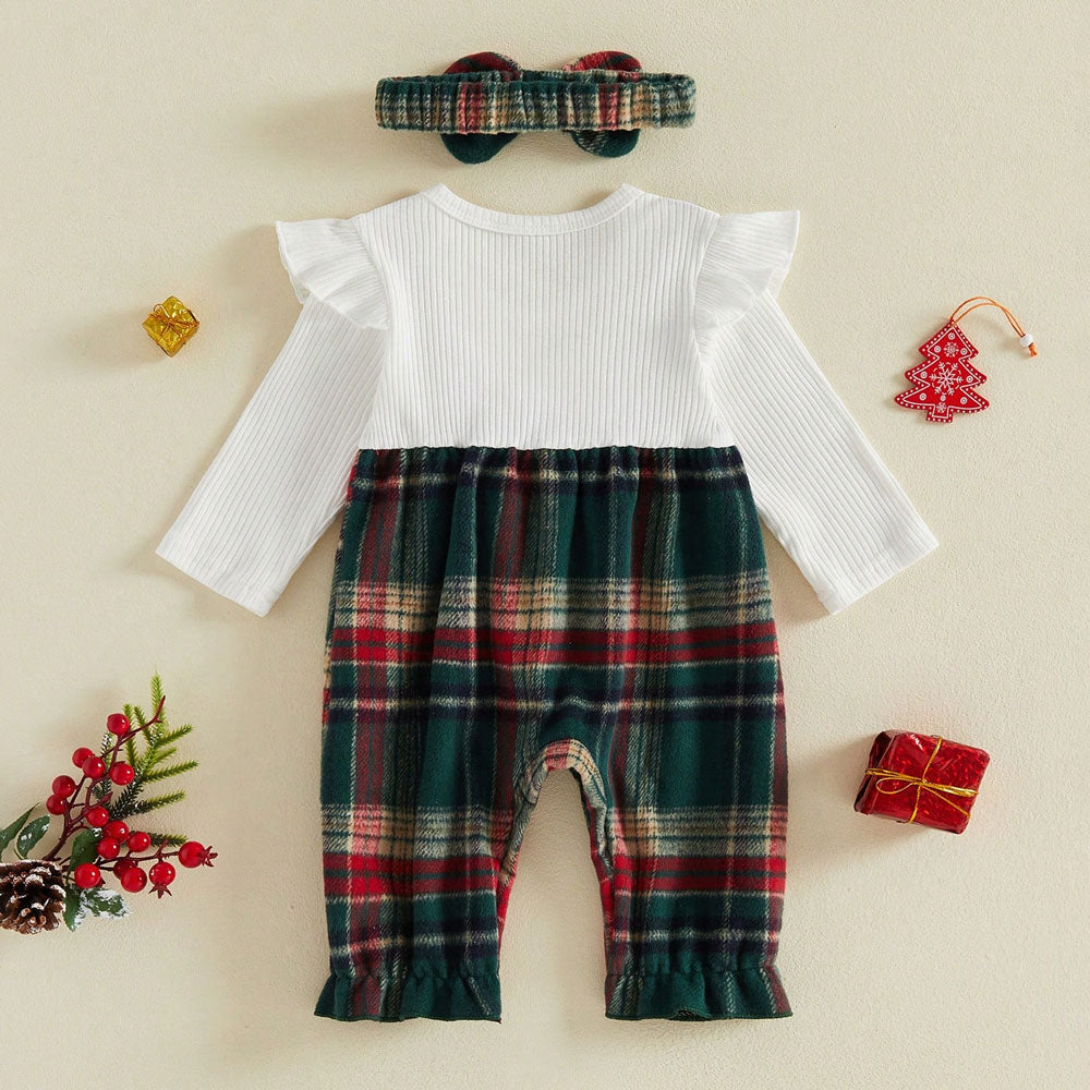 2PCS Chic Color Block Plaid Printed Long Sleeve Baby Girl Jumpsuit