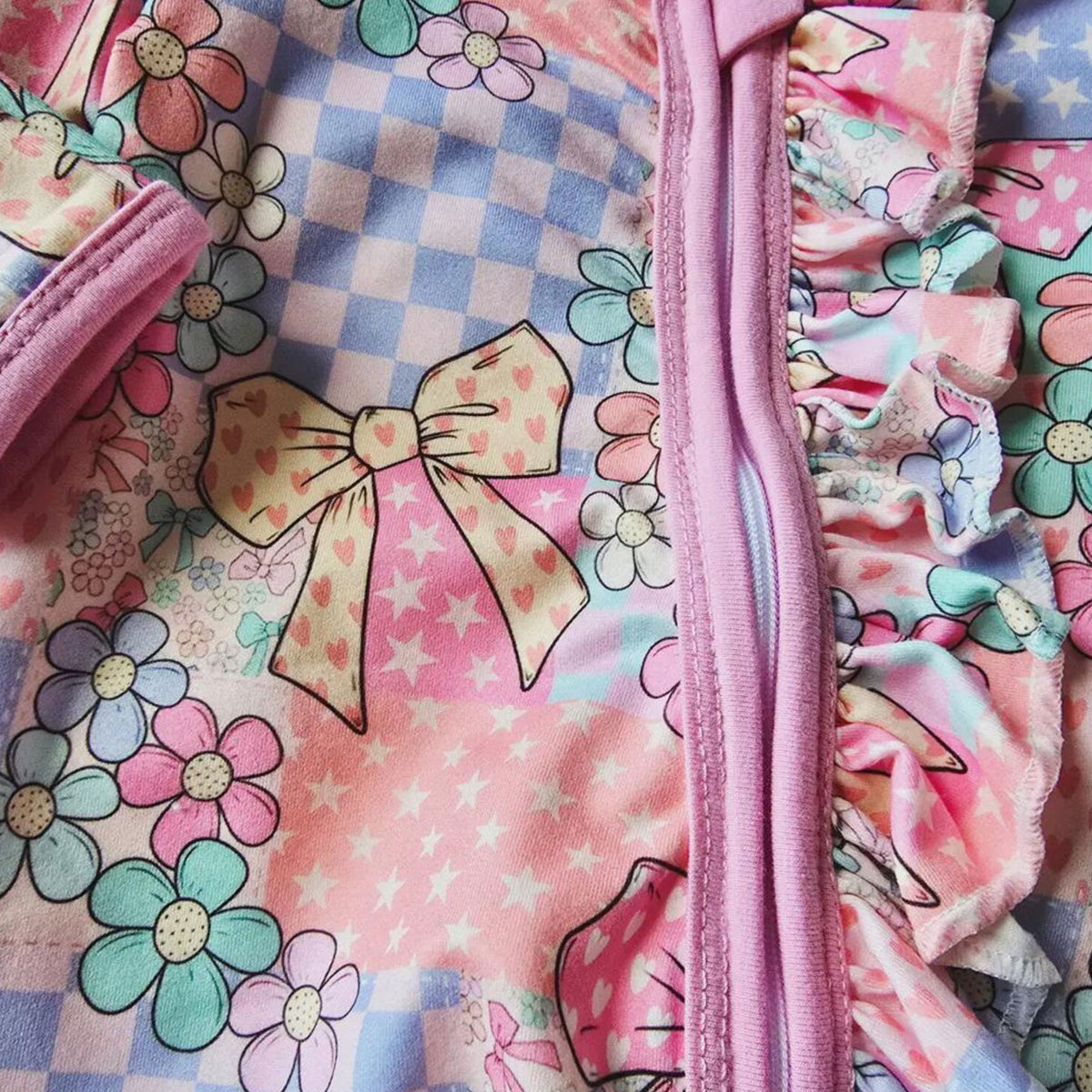 Cute Floral Plaid Printed Zipper Long Sleeve Baby Jumpsuit