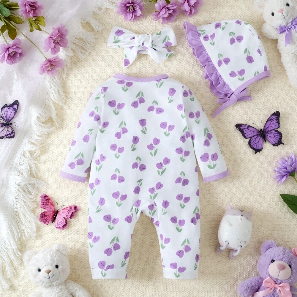 3PCS Elegant Floral Printed Long Sleeve Ruffle Baby Jumpsuit