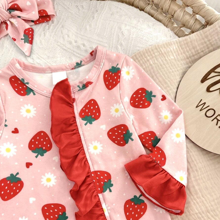 2PCS Bubbly Strawberry Print Long Sleeve Zipper Baby Jumpsuit