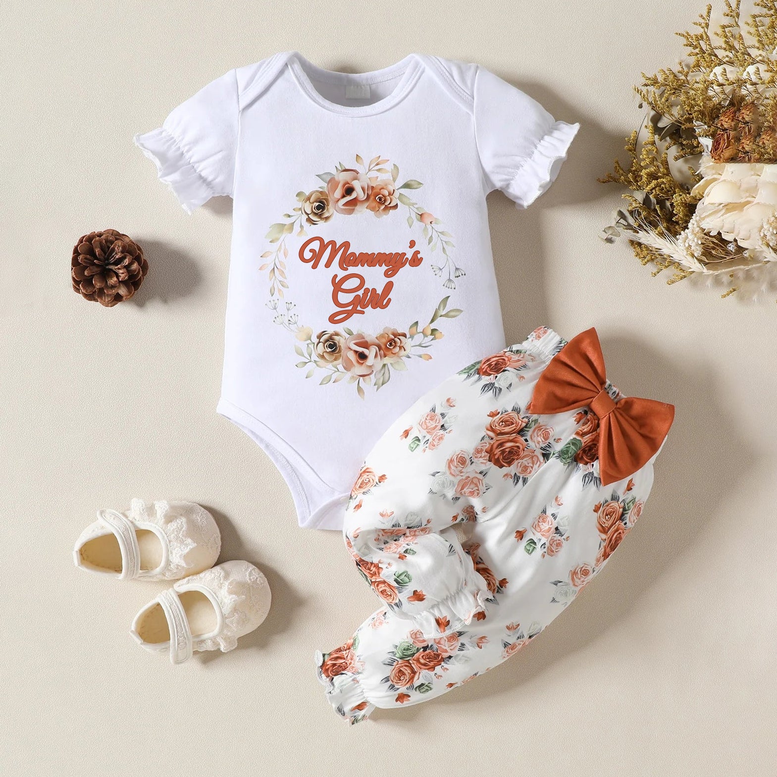 2PCS Mammy's Girl Letter Floral Printed Short Sleeve Baby Set