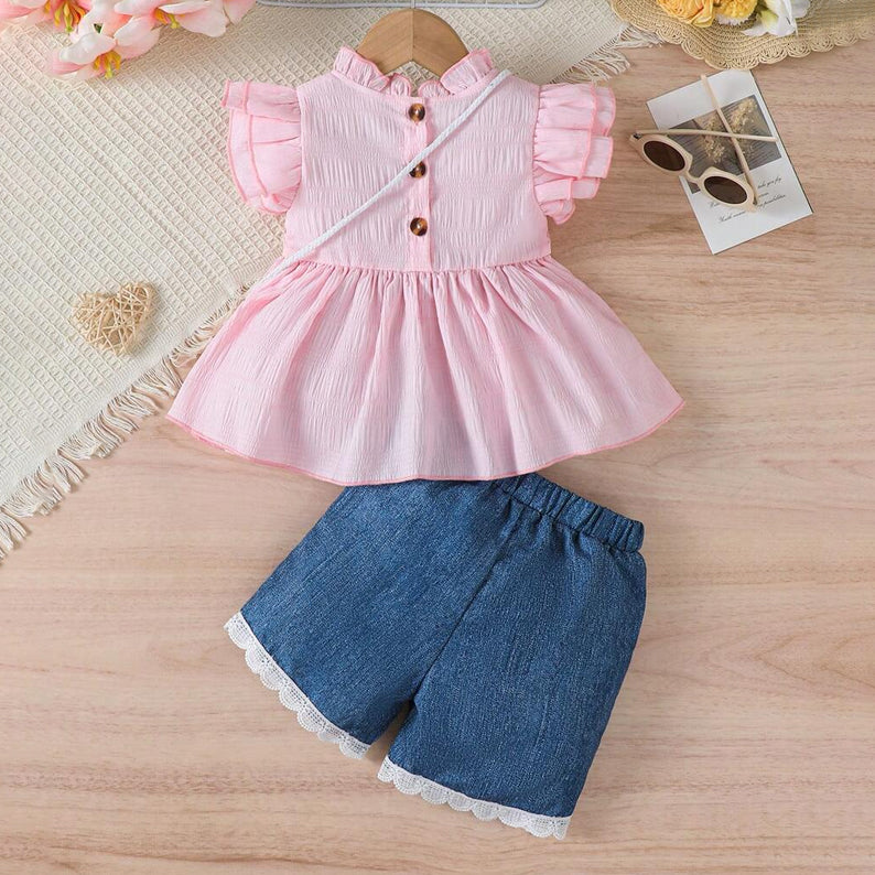3PCS Chic Color Blocking Denim Flounce Sleeve Baby Set