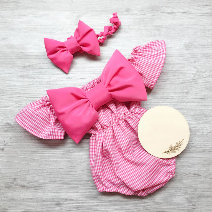 2PCS Grace Plaid Printed Bowknot Decor Baby Romper