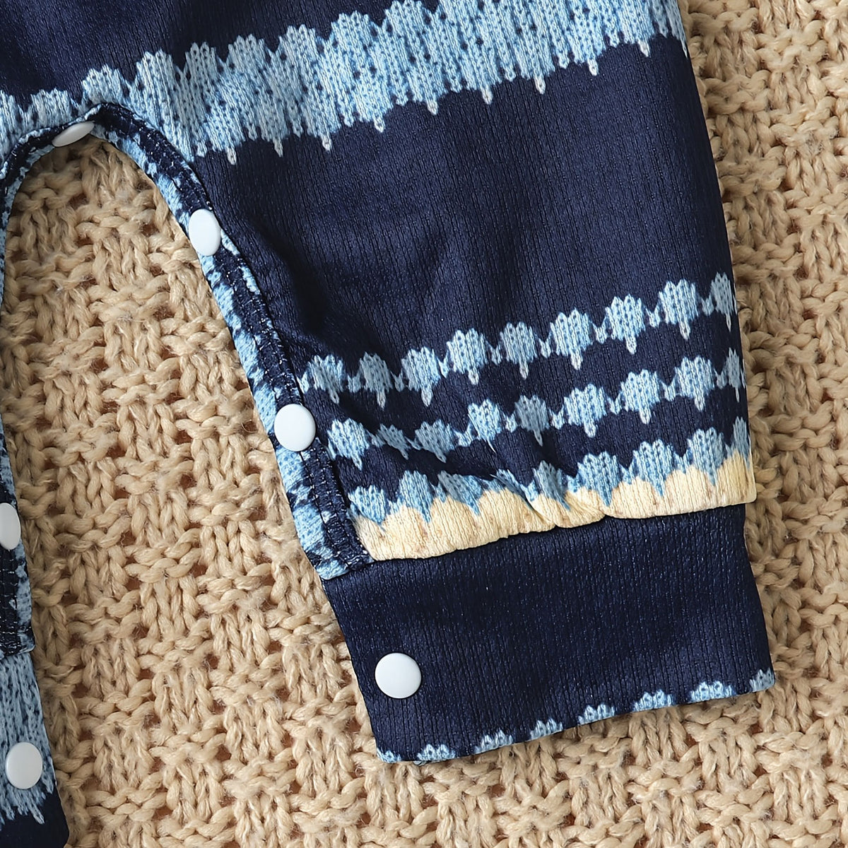 Faux Knit Textured Striped Sawtooth Printed Long Sleeve Baby Jumpsuit