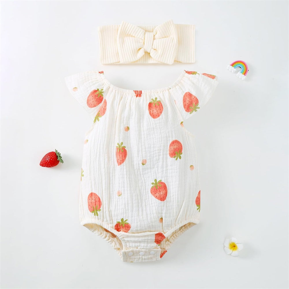 2PCS Cute Strawberry Printed Fly Sleeve Baby Romper