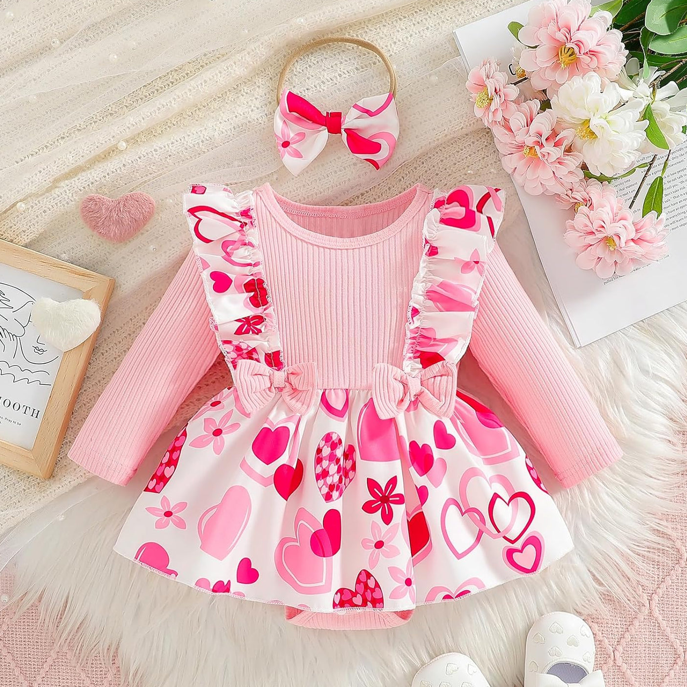 2PCS Cheerful Heart Printed Bow Baby Girl Romper