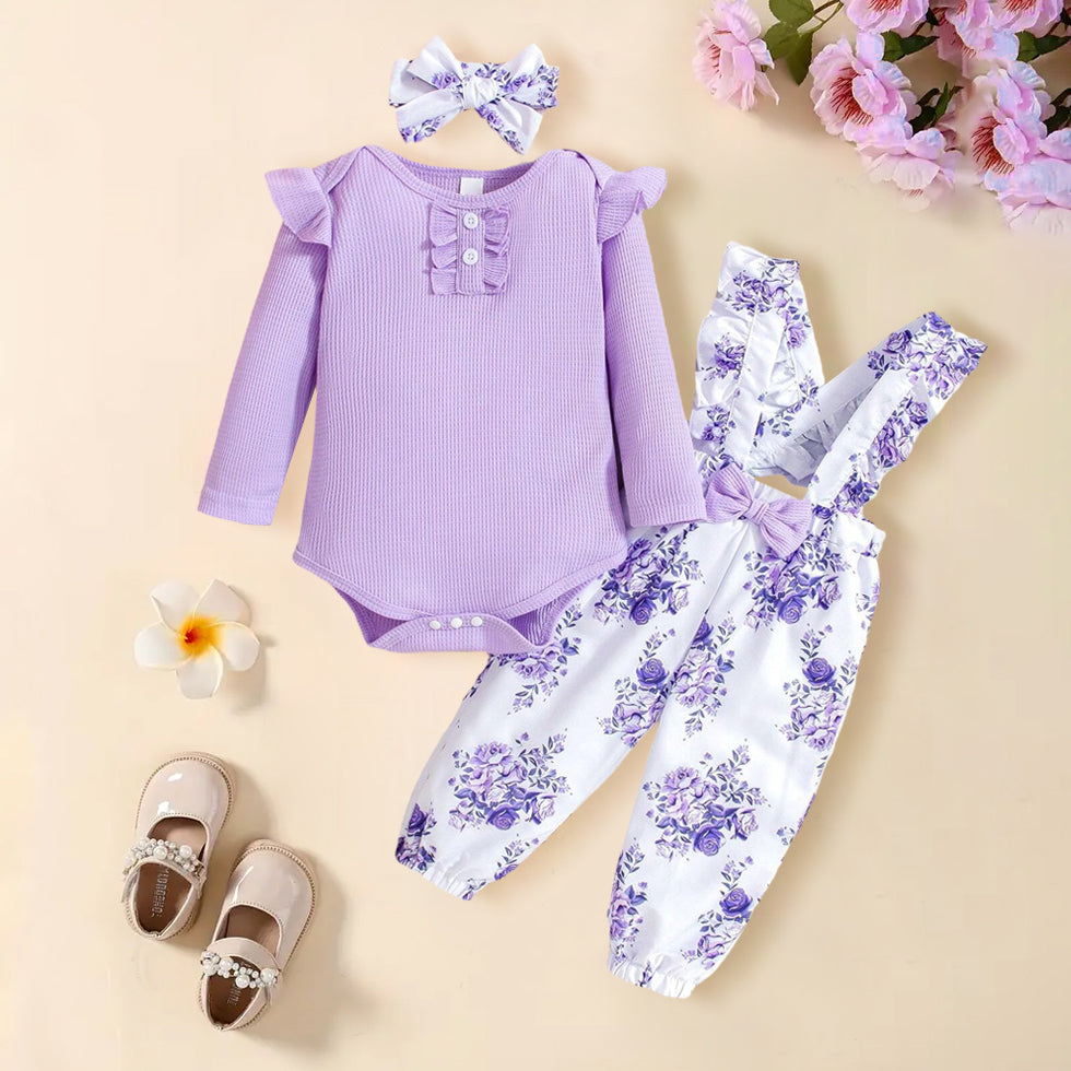 3PCS Elegant Floral Printed Long Sleeve Bow Baby Set