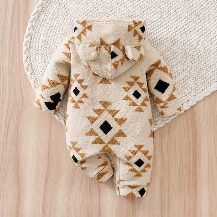 Warm Plush Long Sleeve Hooded Baby Jumpsuit