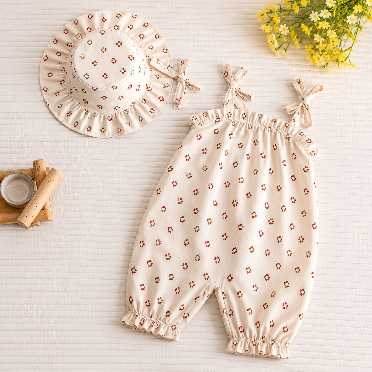 2PCS Timeless Floral Print Sleeveless Baby Jumpsuit