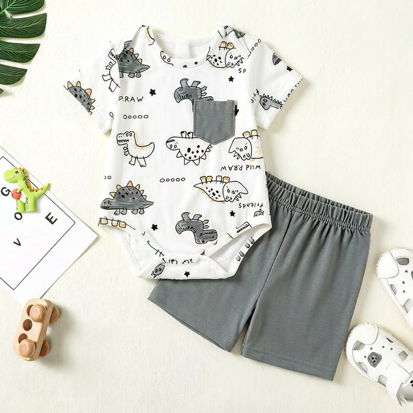 2PCS Athleisure Dinosaur Printed Short Sleeve Baby Boy Set