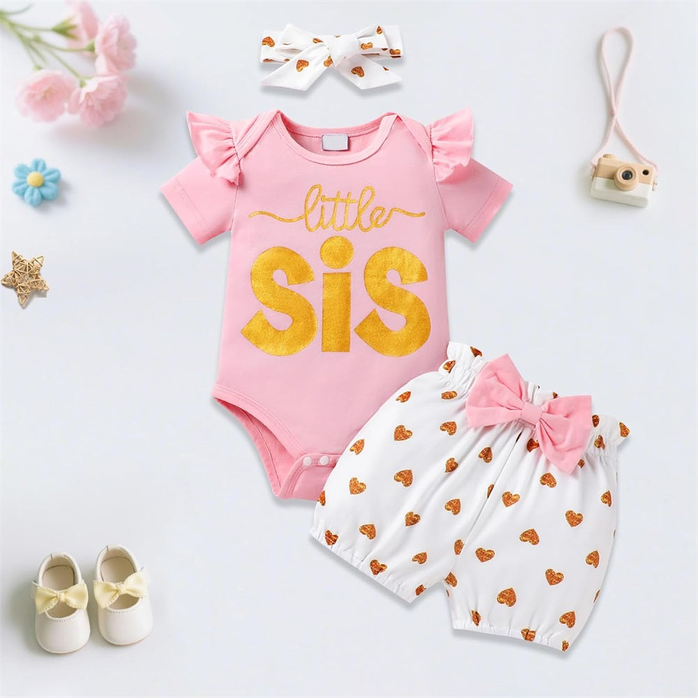 3PCS Little Sis Letter Heart Print Short Sleeve Baby Set