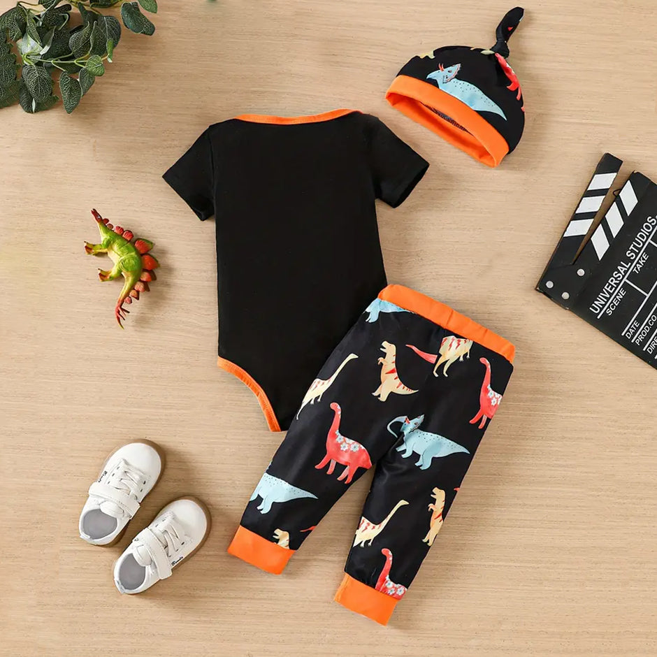 3PCS Stylish Dinosaur World Letter Dinosaur Printed Short Sleeve Baby Set