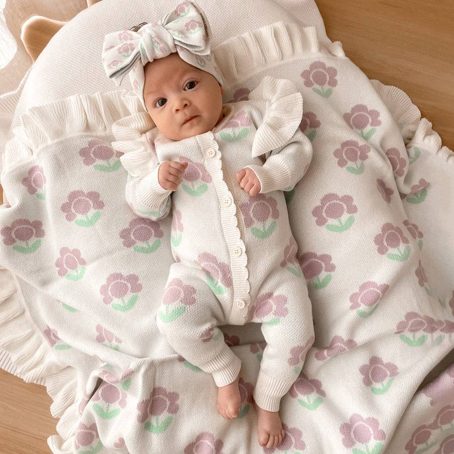 2PCS Floral Printed Knitted Long Sleeve Baby Jumpsuit