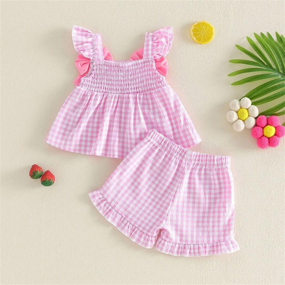 2PCS Summer Strawberry Embroidery Plaid Fly Sleeve Baby Set