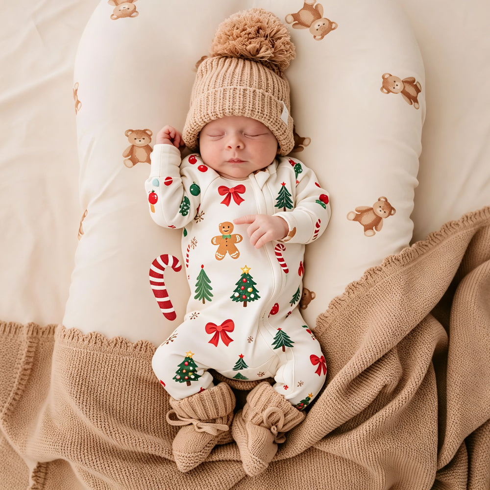 Lovely Cartoon Christmas Print Zipper Long Sleeve Baby Jumpsuit