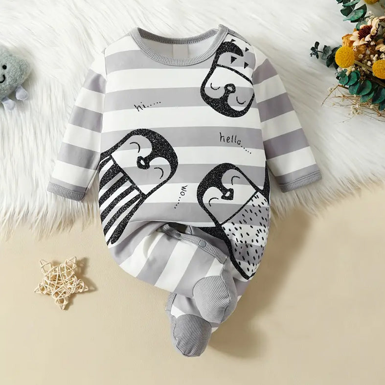 Comfy Penguin and Stripe Printed Long Sleeve Baby Jumpsuit