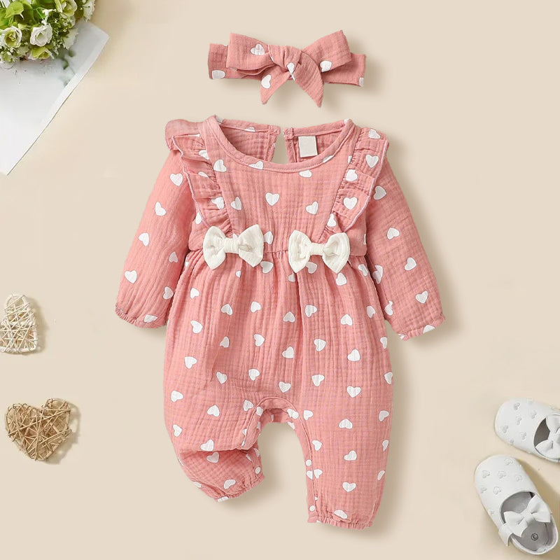 2PCS Heart Printed Bowknot Decor Long Sleeve Baby Jumpsuit