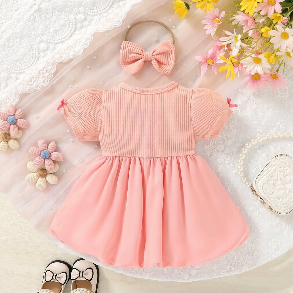 2PCS Adorable Bowknot Appliqué Solid Color Baby Dress
