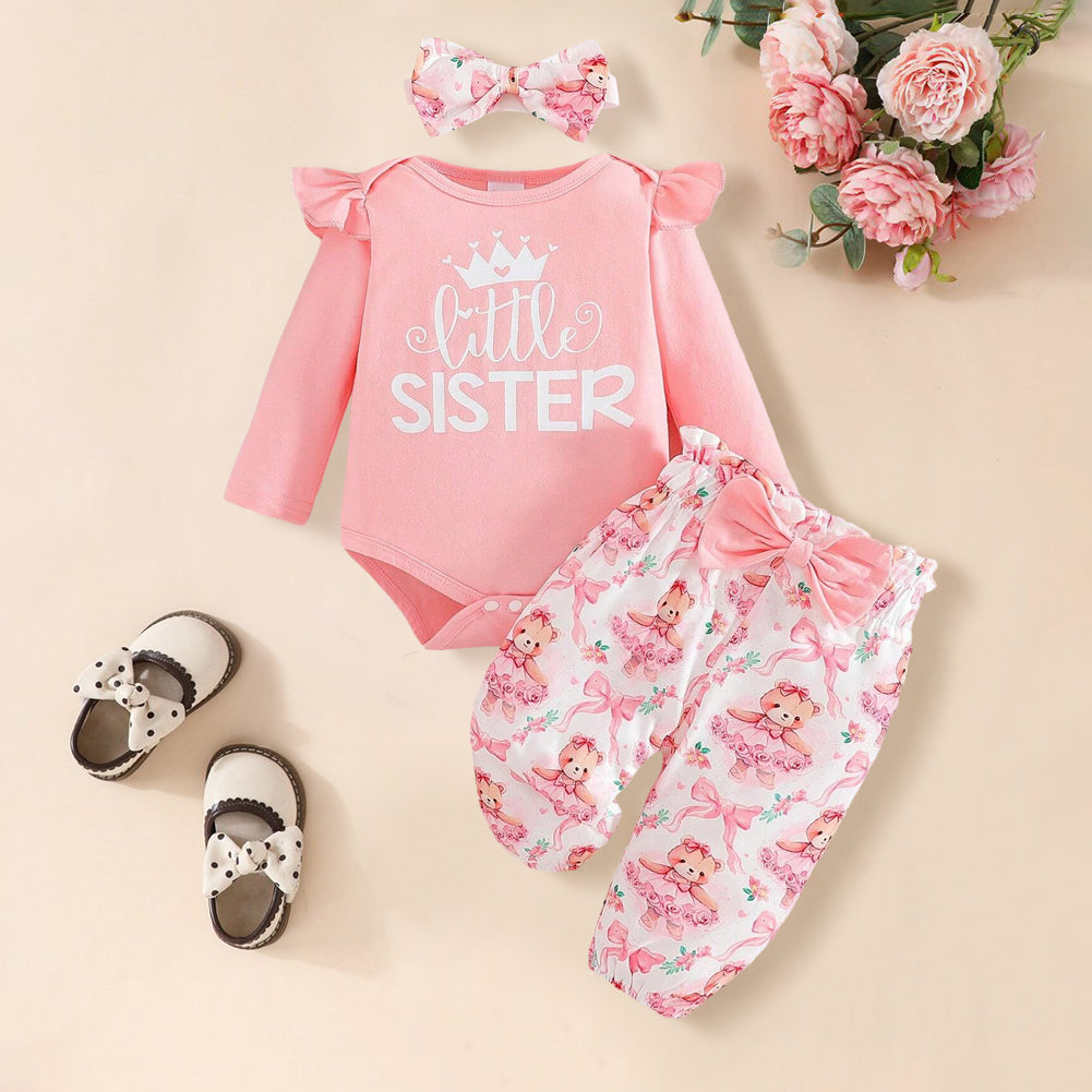 3PCS Little Sister Letter Bear Printed Long Sleeve Baby Set