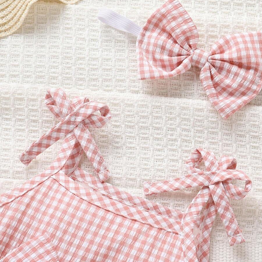 2PCS Pretty Plaid Print Bowknot Sleeveless Baby Romper