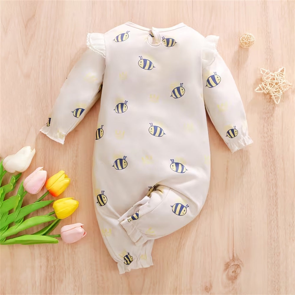 Casual Bee Print Long Sleeve Baby Girl Jumpsuit